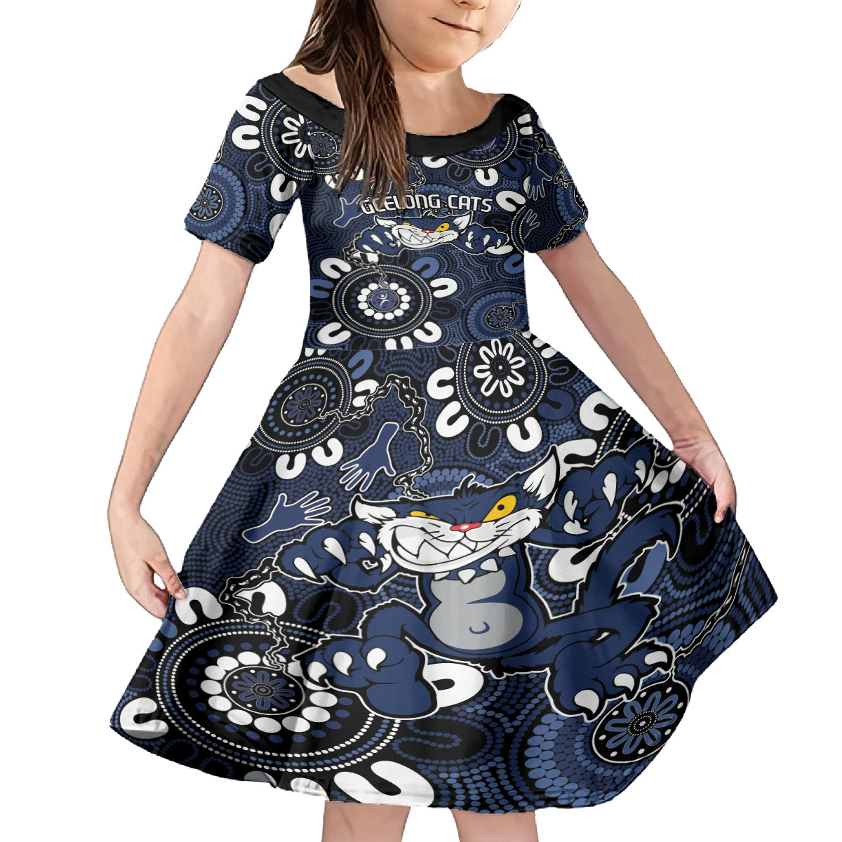 Custom Geelong Cats NAIDOC Week 2024 Kid Short Sleeve Dress Fire Burning Aboriginal Dots Art