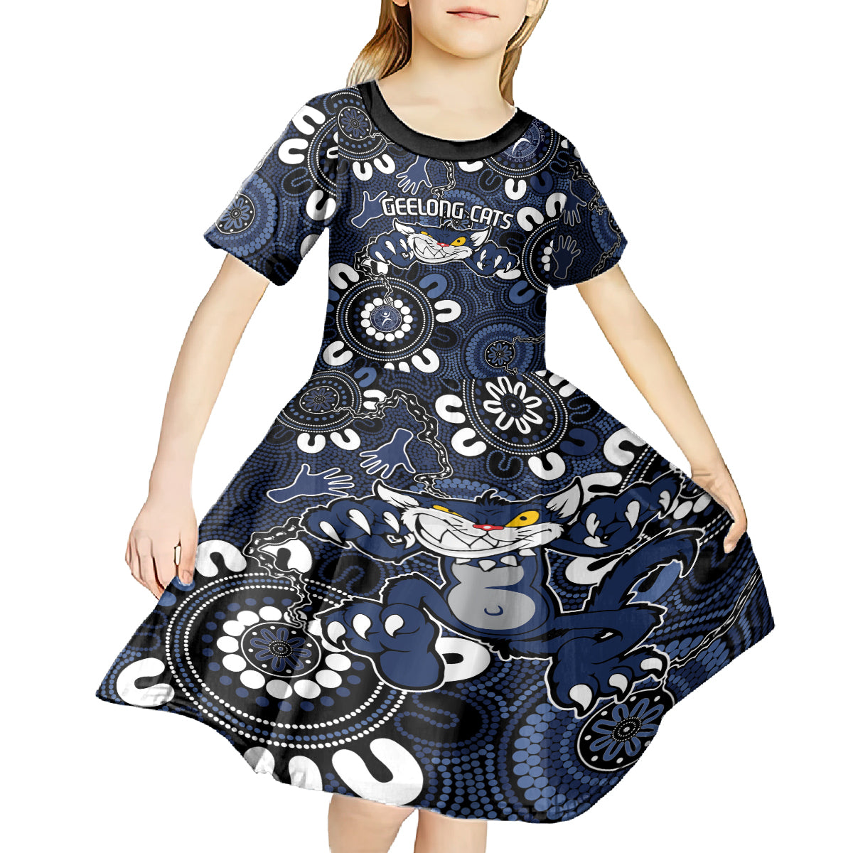Custom Geelong Cats NAIDOC Week 2024 Kid Short Sleeve Dress Fire Burning Aboriginal Dots Art