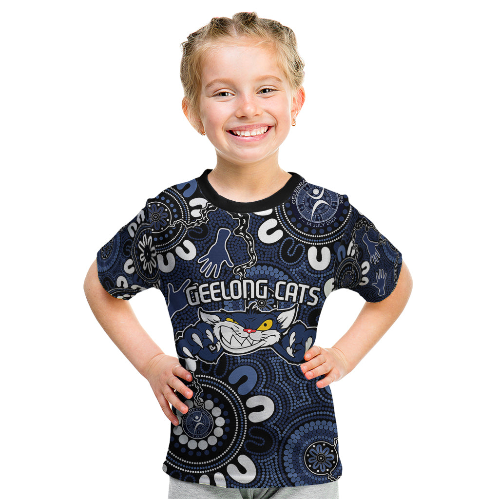Custom Geelong Cats NAIDOC Week 2024 Kid T Shirt Fire Burning Aboriginal Dots Art