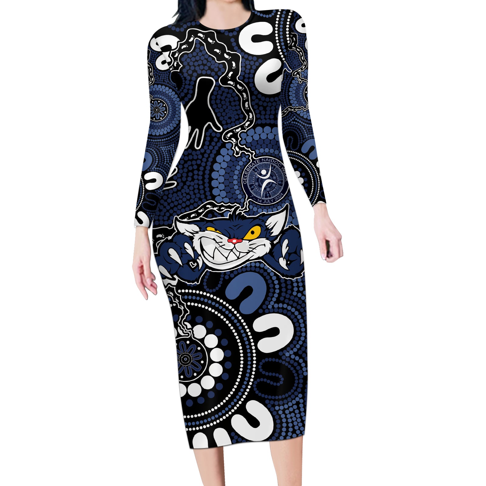 Custom Geelong Cats NAIDOC Week 2024 Long Sleeve Bodycon Dress Fire Burning Aboriginal Dots Art
