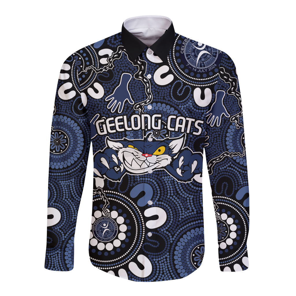 Custom Geelong Cats NAIDOC Week 2024 Long Sleeve Button Shirt Fire Burning Aboriginal Dots Art