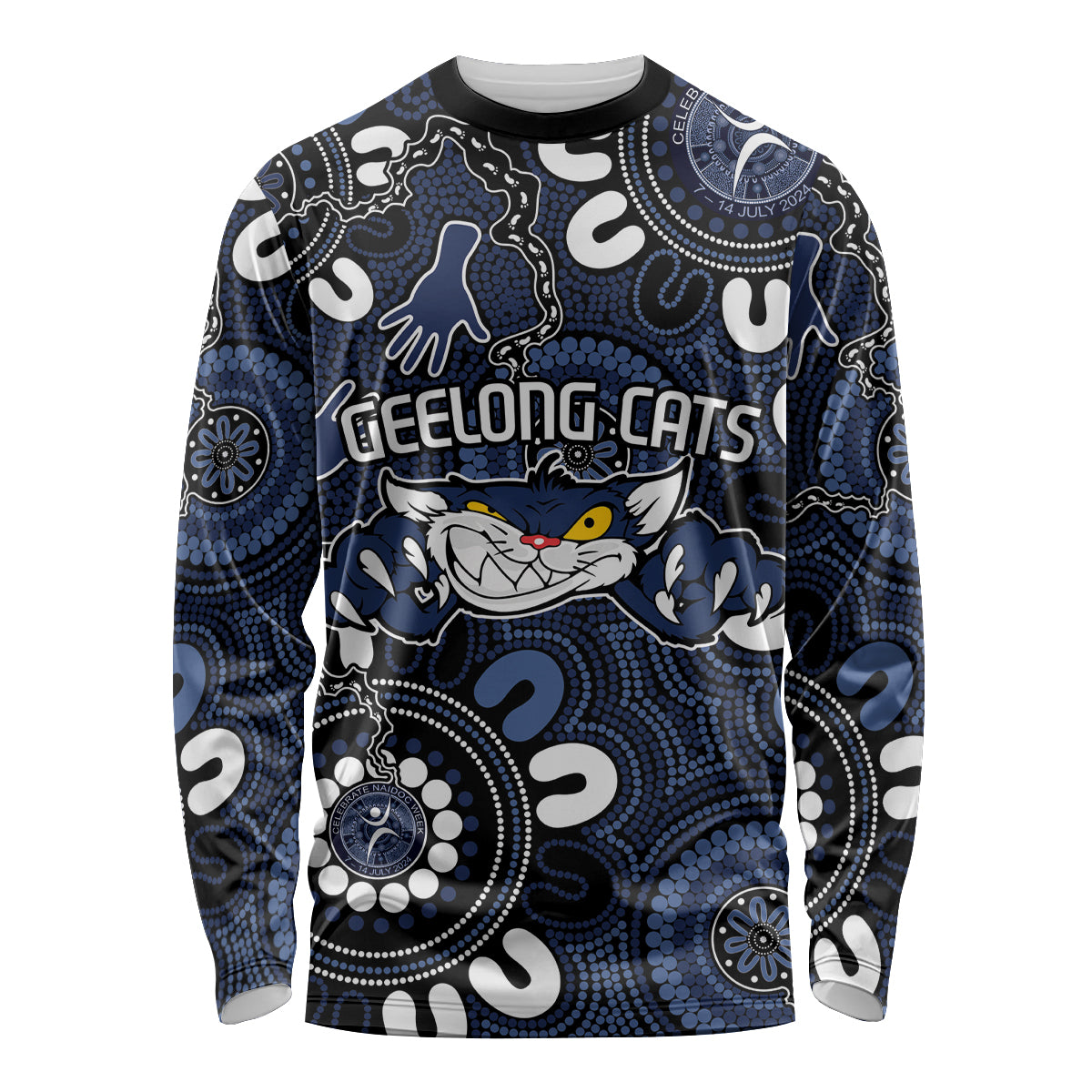 Custom Geelong Cats NAIDOC Week 2024 Long Sleeve Shirt Fire Burning Aboriginal Dots Art