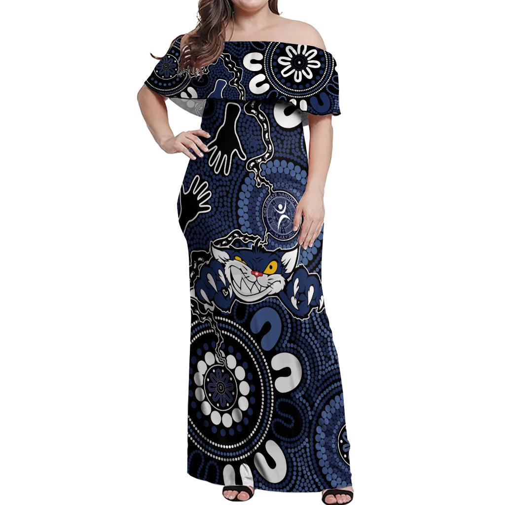 Custom Geelong Cats NAIDOC Week 2024 Off Shoulder Maxi Dress Fire Burning Aboriginal Dots Art