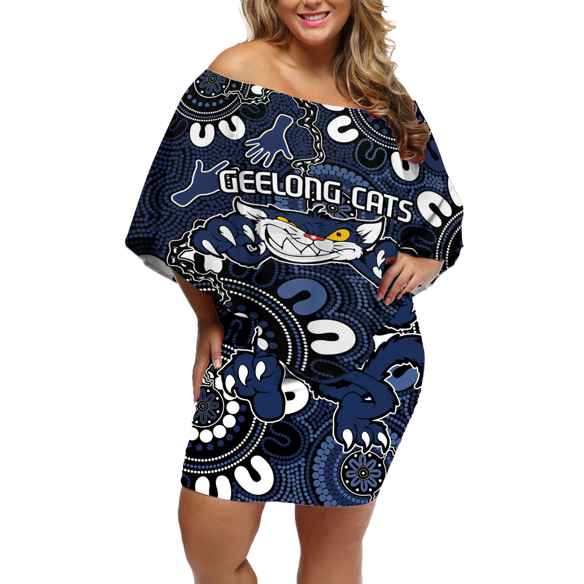 Custom Geelong Cats NAIDOC Week 2024 Off Shoulder Short Dress Fire Burning Aboriginal Dots Art