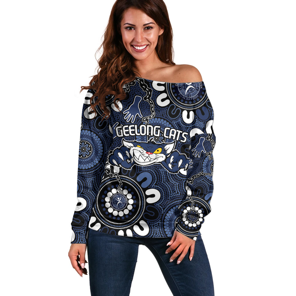 Custom Geelong Cats NAIDOC Week 2024 Off Shoulder Sweater Fire Burning Aboriginal Dots Art