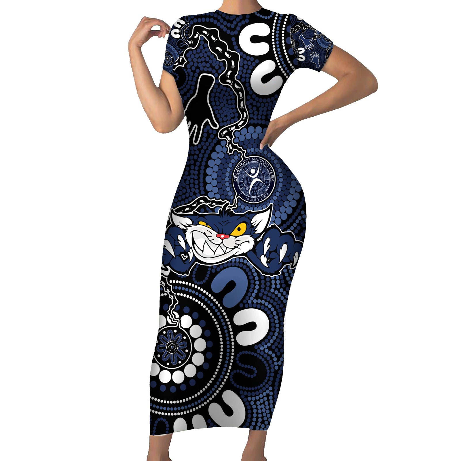 Custom Geelong Cats NAIDOC Week 2024 Short Sleeve Bodycon Dress Fire Burning Aboriginal Dots Art