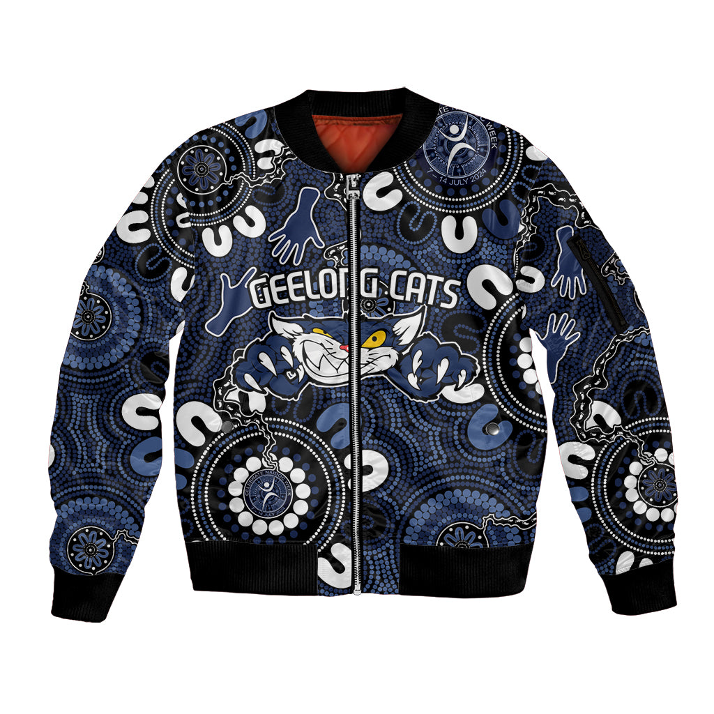 Custom Geelong Cats NAIDOC Week 2024 Sleeve Zip Bomber Jacket Fire Burning Aboriginal Dots Art