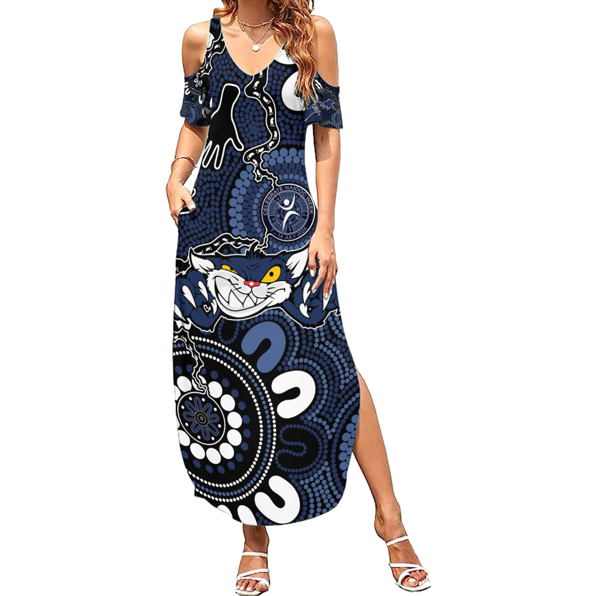 Custom Geelong Cats NAIDOC Week 2024 Summer Maxi Dress Fire Burning Aboriginal Dots Art