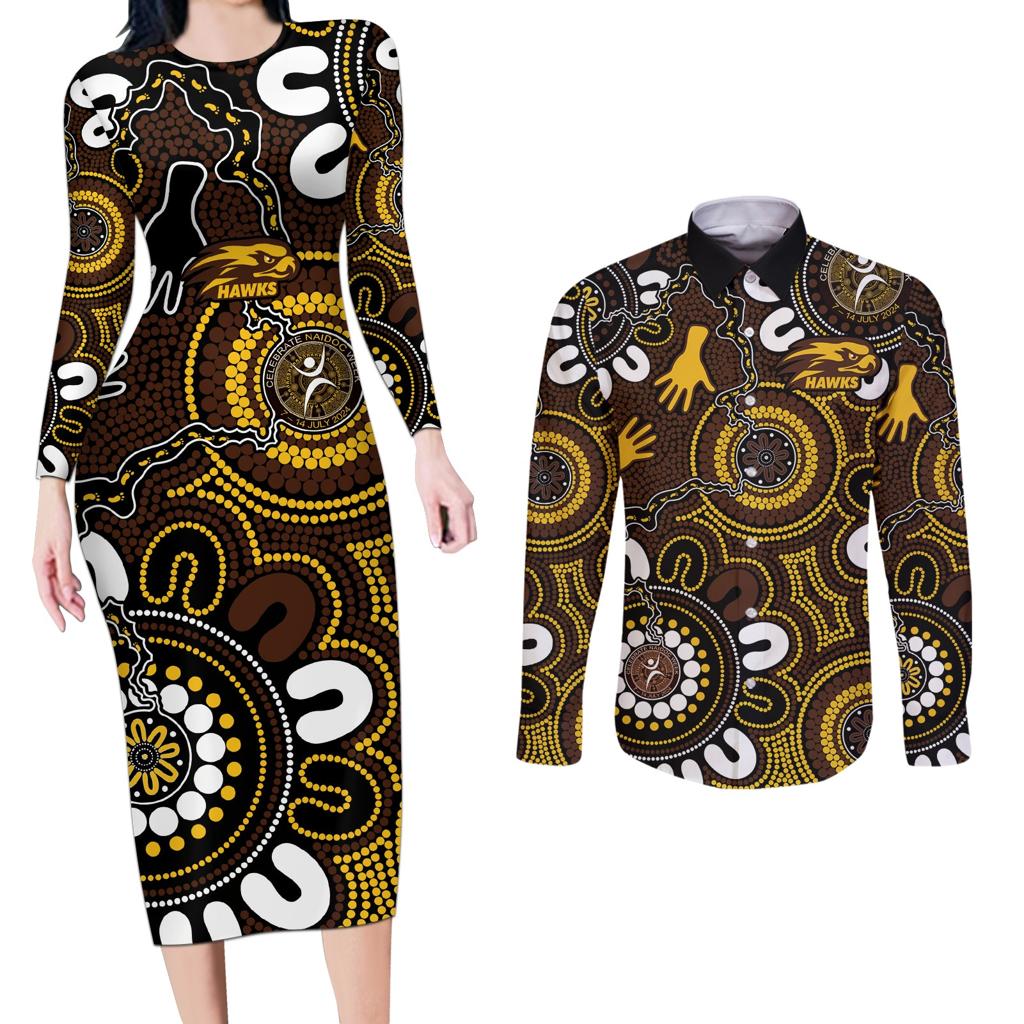 Custom Hawthorn NAIDOC Week 2024 Couples Matching Long Sleeve Bodycon Dress and Long Sleeve Button Shirt Fire Burning Aboriginal Dots Art