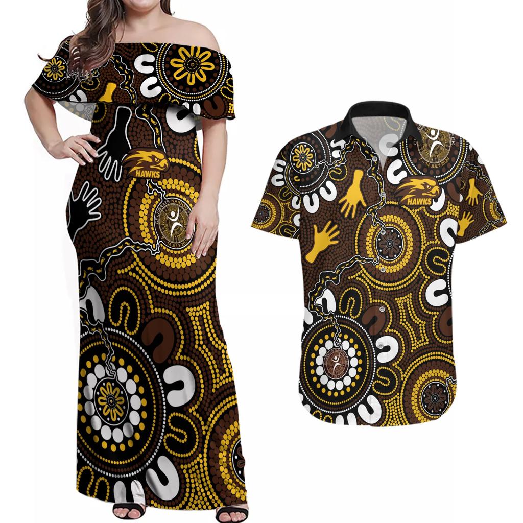 Custom Hawthorn NAIDOC Week 2024 Couples Matching Off Shoulder Maxi Dress and Hawaiian Shirt Fire Burning Aboriginal Dots Art