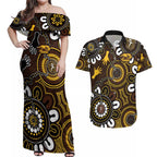 Custom Hawthorn NAIDOC Week 2024 Couples Matching Off Shoulder Maxi Dress and Hawaiian Shirt Fire Burning Aboriginal Dots Art