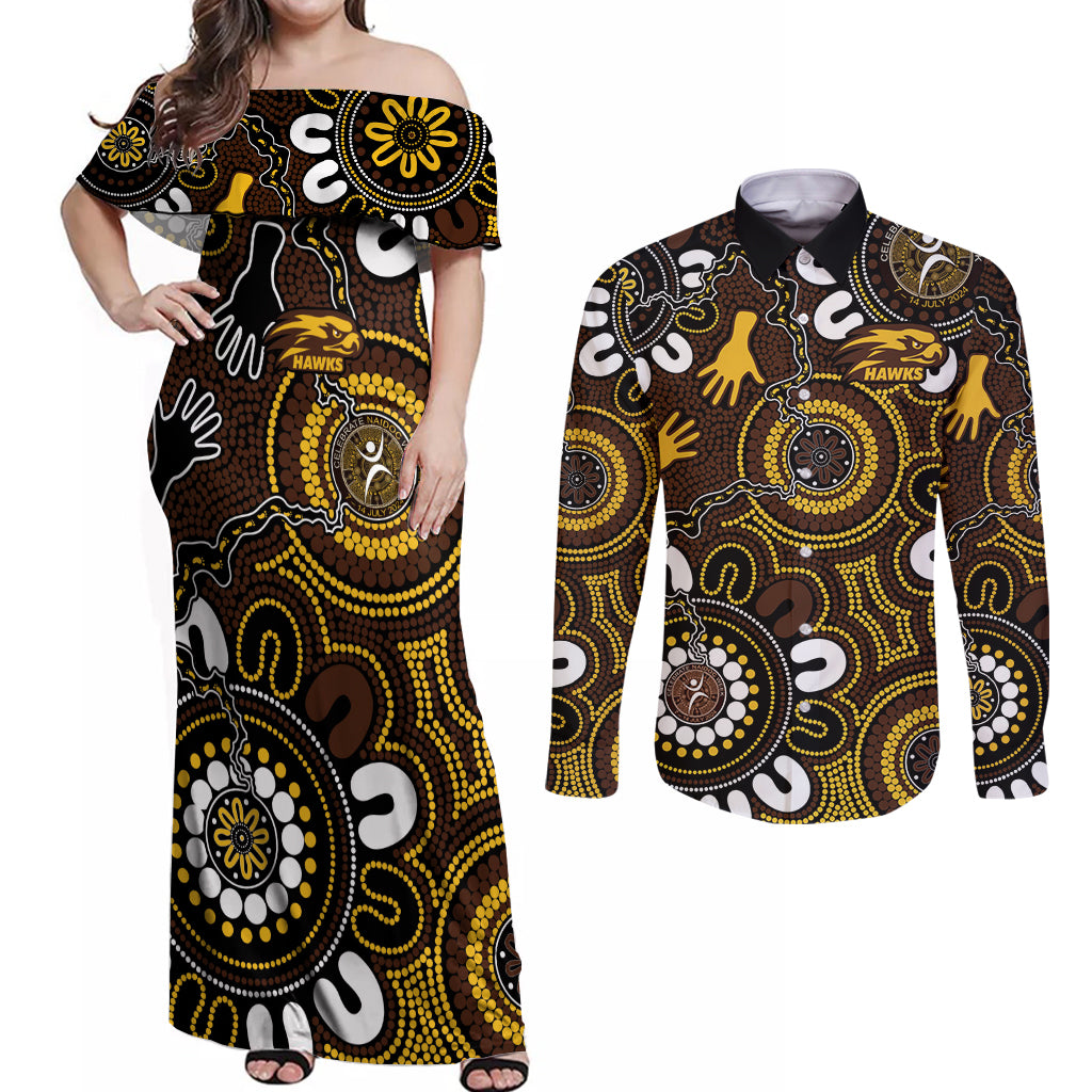 Custom Hawthorn NAIDOC Week 2024 Couples Matching Off Shoulder Maxi Dress and Long Sleeve Button Shirt Fire Burning Aboriginal Dots Art
