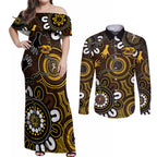 Custom Hawthorn NAIDOC Week 2024 Couples Matching Off Shoulder Maxi Dress and Long Sleeve Button Shirt Fire Burning Aboriginal Dots Art