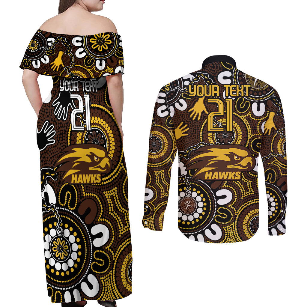 Custom Hawthorn NAIDOC Week 2024 Couples Matching Off Shoulder Maxi Dress and Long Sleeve Button Shirt Fire Burning Aboriginal Dots Art