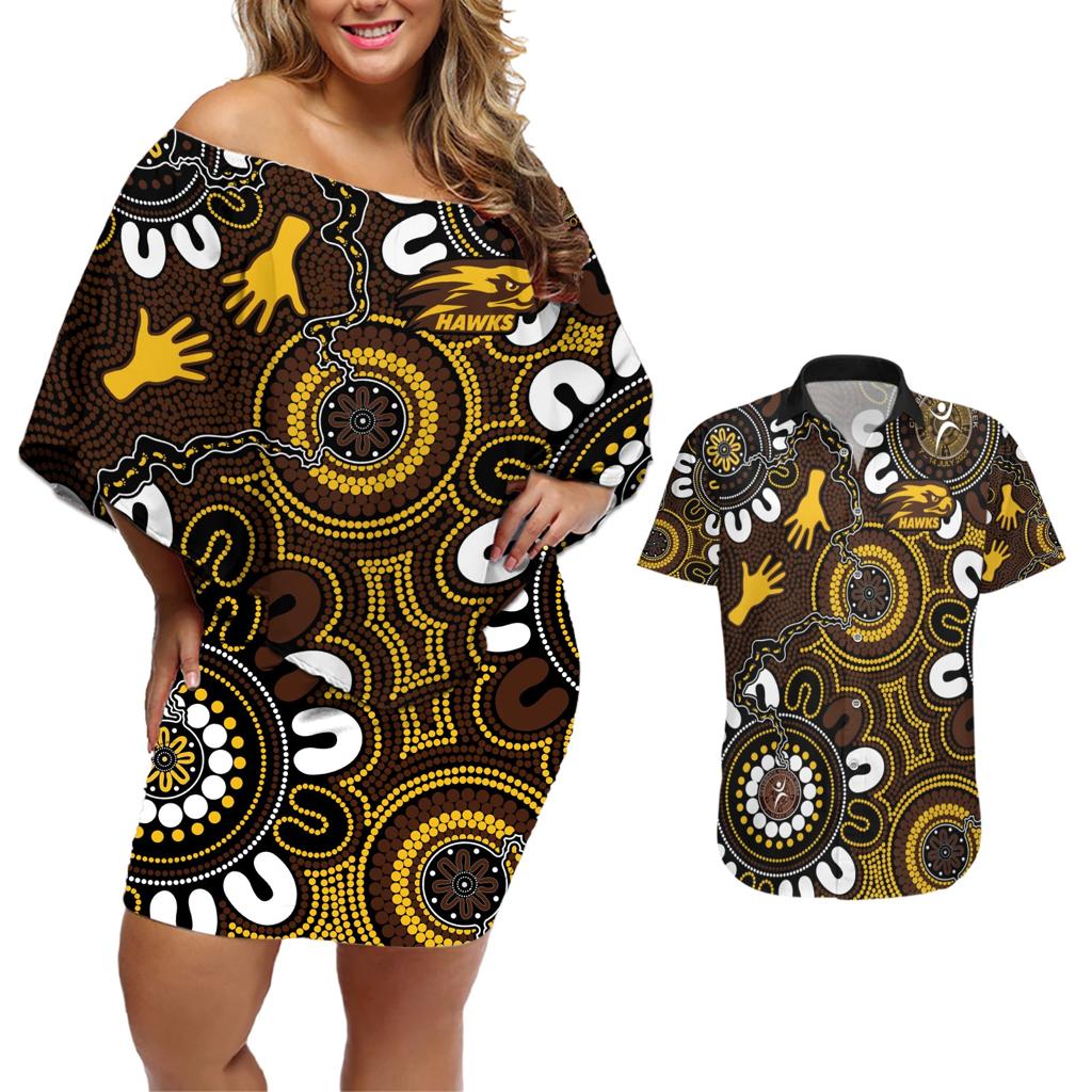 Custom Hawthorn NAIDOC Week 2024 Couples Matching Off Shoulder Short Dress and Hawaiian Shirt Fire Burning Aboriginal Dots Art