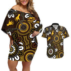 Custom Hawthorn NAIDOC Week 2024 Couples Matching Off Shoulder Short Dress and Hawaiian Shirt Fire Burning Aboriginal Dots Art