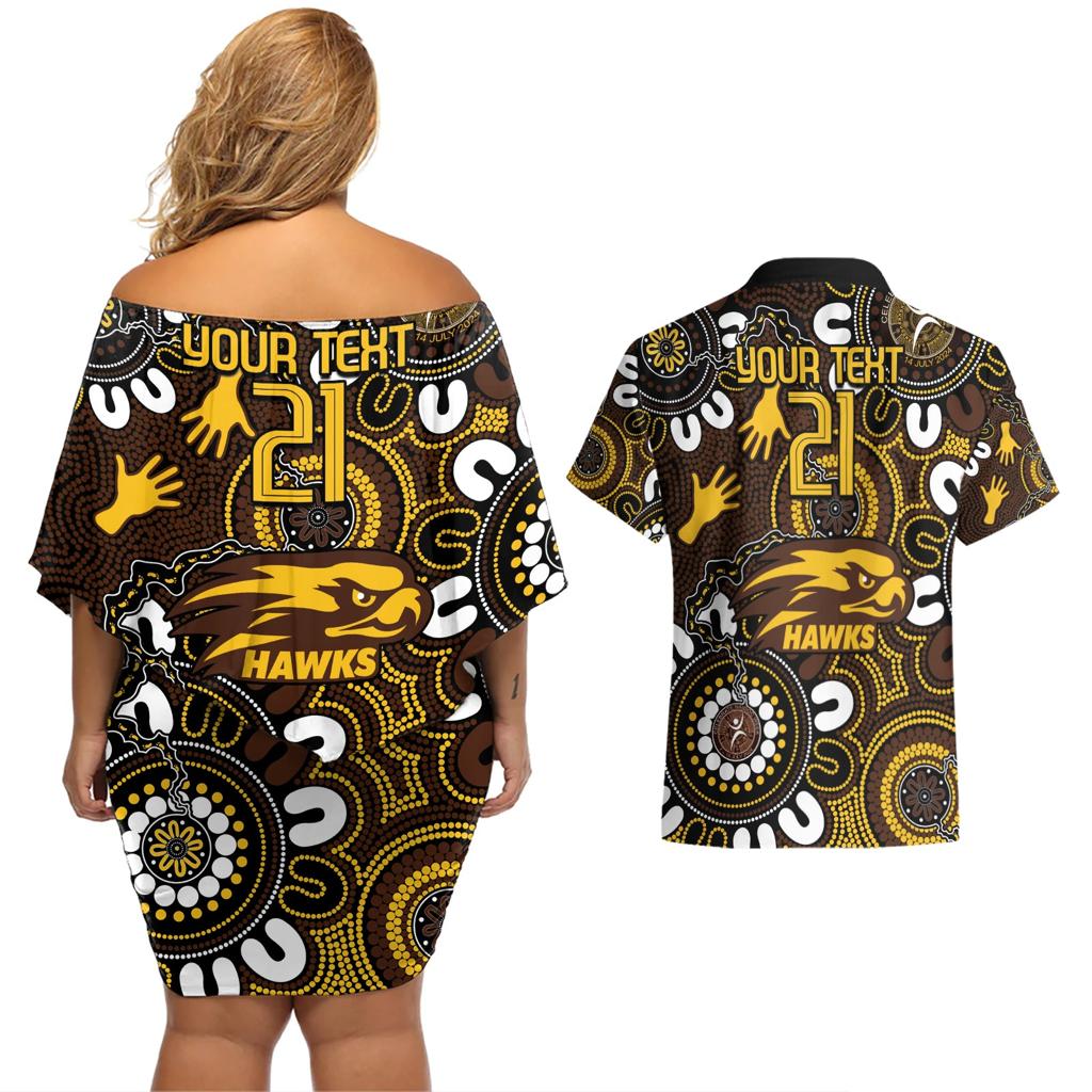 Custom Hawthorn NAIDOC Week 2024 Couples Matching Off Shoulder Short Dress and Hawaiian Shirt Fire Burning Aboriginal Dots Art