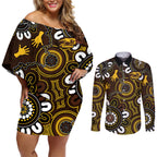 Custom Hawthorn NAIDOC Week 2024 Couples Matching Off Shoulder Short Dress and Long Sleeve Button Shirt Fire Burning Aboriginal Dots Art