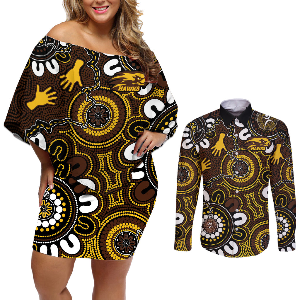 Custom Hawthorn NAIDOC Week 2024 Couples Matching Off Shoulder Short Dress and Long Sleeve Button Shirt Fire Burning Aboriginal Dots Art