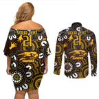 Custom Hawthorn NAIDOC Week 2024 Couples Matching Off Shoulder Short Dress and Long Sleeve Button Shirt Fire Burning Aboriginal Dots Art