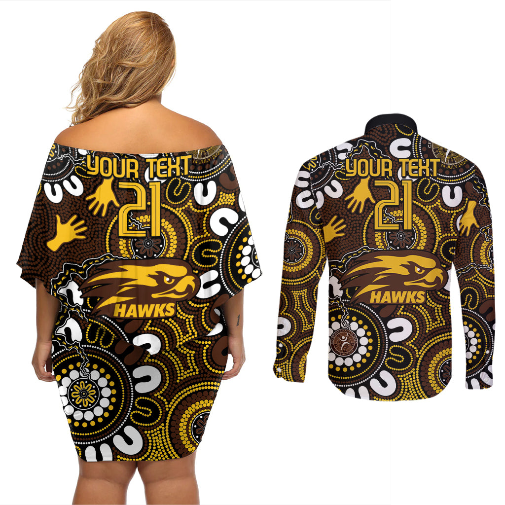 Custom Hawthorn NAIDOC Week 2024 Couples Matching Off Shoulder Short Dress and Long Sleeve Button Shirt Fire Burning Aboriginal Dots Art