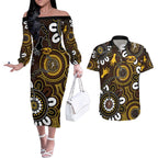 Custom Hawthorn NAIDOC Week 2024 Couples Matching Off The Shoulder Long Sleeve Dress and Hawaiian Shirt Fire Burning Aboriginal Dots Art