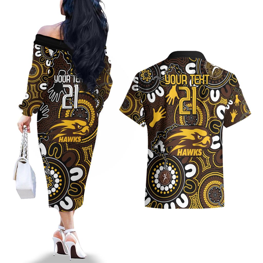 Custom Hawthorn NAIDOC Week 2024 Couples Matching Off The Shoulder Long Sleeve Dress and Hawaiian Shirt Fire Burning Aboriginal Dots Art