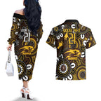 Custom Hawthorn NAIDOC Week 2024 Couples Matching Off The Shoulder Long Sleeve Dress and Hawaiian Shirt Fire Burning Aboriginal Dots Art