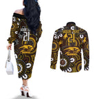 Custom Hawthorn NAIDOC Week 2024 Couples Matching Off The Shoulder Long Sleeve Dress and Long Sleeve Button Shirt Fire Burning Aboriginal Dots Art