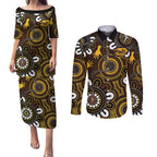 Custom Hawthorn NAIDOC Week 2024 Couples Matching Puletasi and Long Sleeve Button Shirt Fire Burning Aboriginal Dots Art