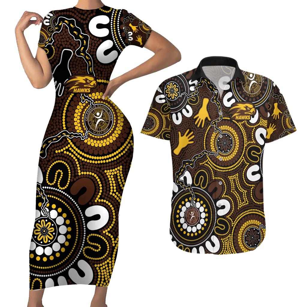 Custom Hawthorn NAIDOC Week 2024 Couples Matching Short Sleeve Bodycon Dress and Hawaiian Shirt Fire Burning Aboriginal Dots Art