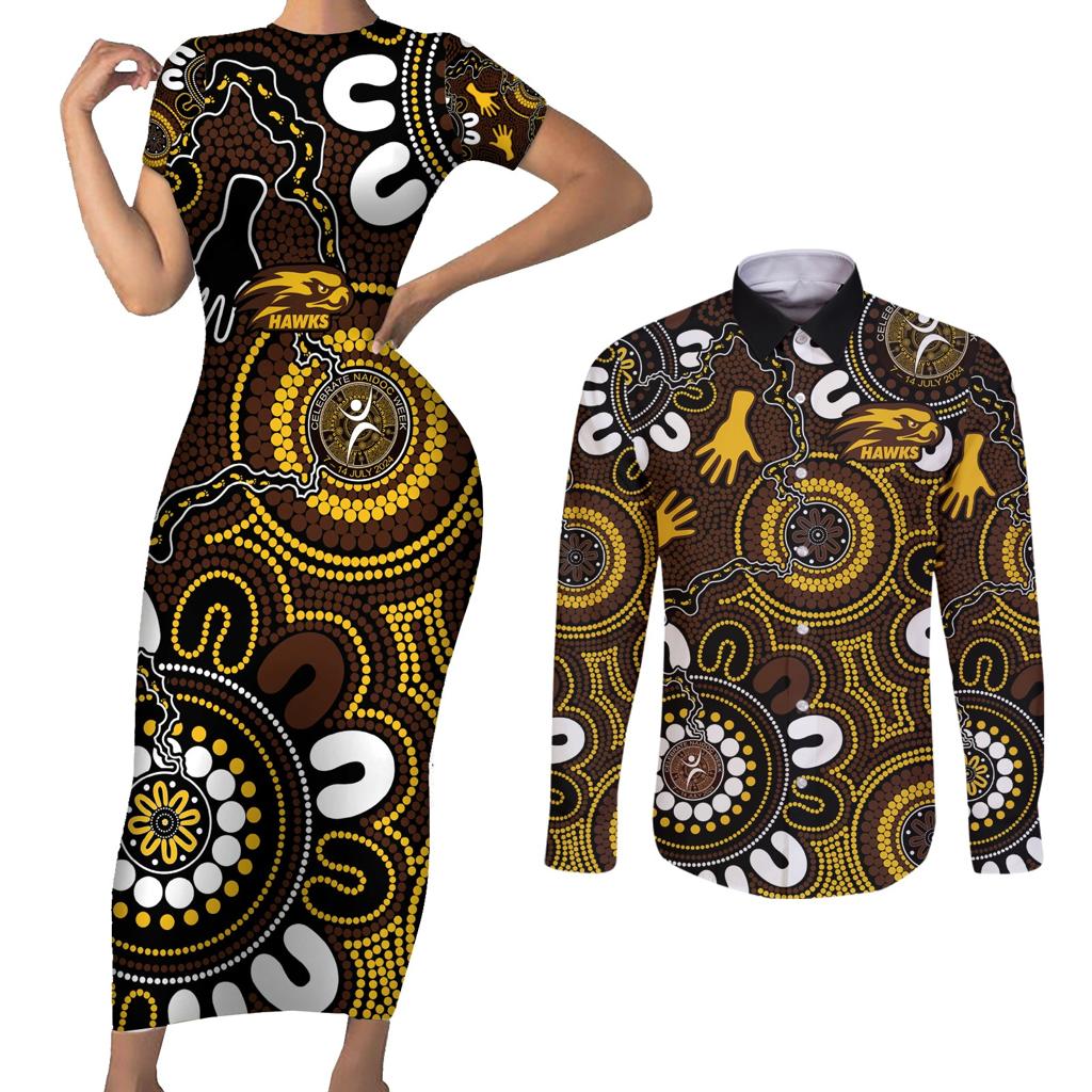 Custom Hawthorn NAIDOC Week 2024 Couples Matching Short Sleeve Bodycon Dress and Long Sleeve Button Shirt Fire Burning Aboriginal Dots Art