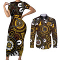 Custom Hawthorn NAIDOC Week 2024 Couples Matching Short Sleeve Bodycon Dress and Long Sleeve Button Shirt Fire Burning Aboriginal Dots Art