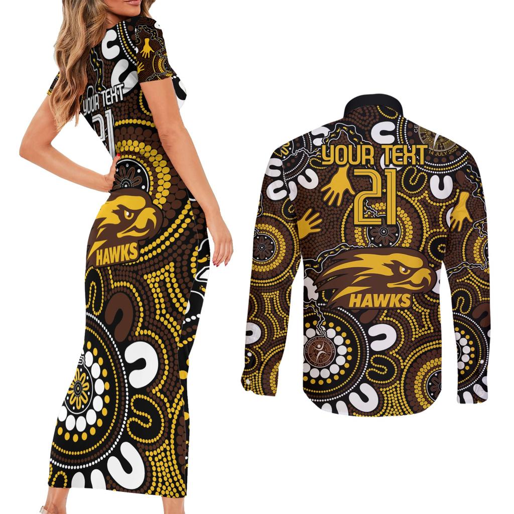 Custom Hawthorn NAIDOC Week 2024 Couples Matching Short Sleeve Bodycon Dress and Long Sleeve Button Shirt Fire Burning Aboriginal Dots Art