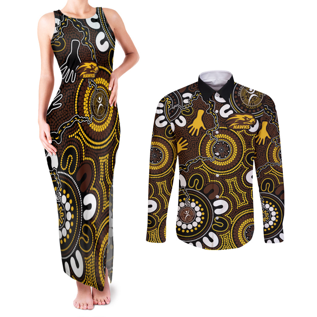 Custom Hawthorn NAIDOC Week 2024 Couples Matching Tank Maxi Dress and Long Sleeve Button Shirt Fire Burning Aboriginal Dots Art