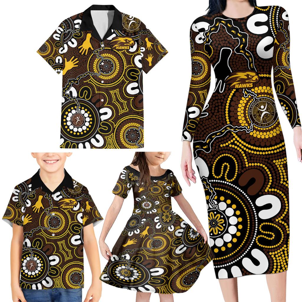 Custom Hawthorn NAIDOC Week 2024 Family Matching Long Sleeve Bodycon Dress and Hawaiian Shirt Fire Burning Aboriginal Dots Art
