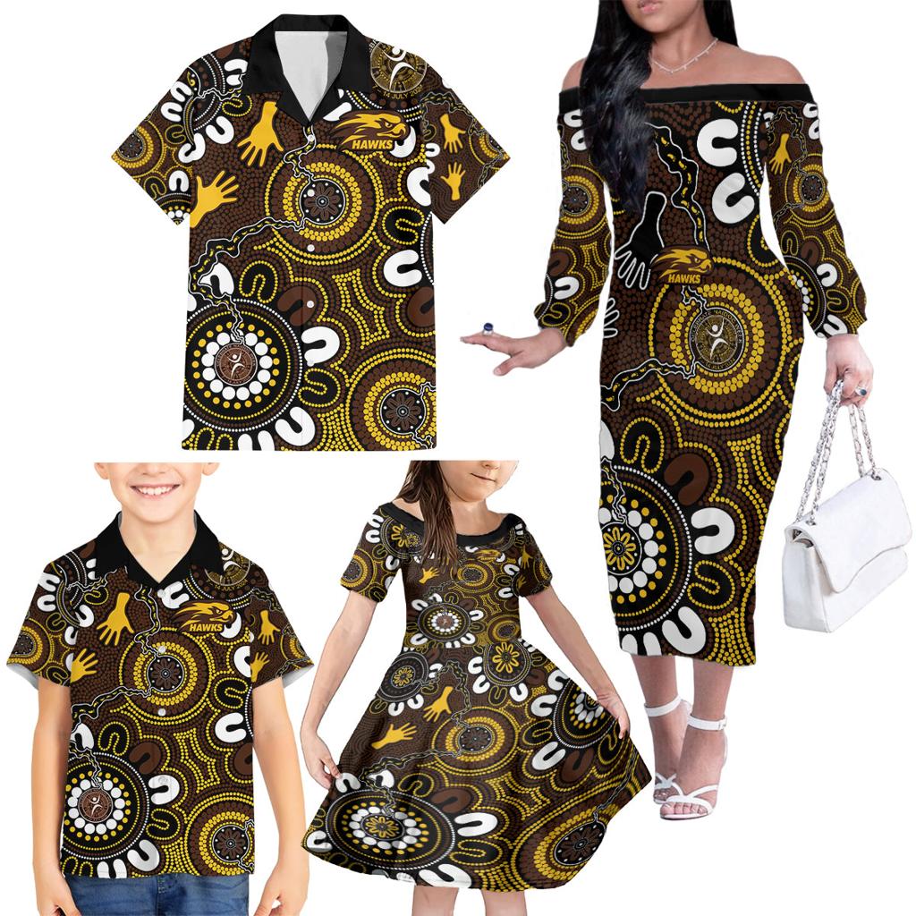 Custom Hawthorn NAIDOC Week 2024 Family Matching Off The Shoulder Long Sleeve Dress and Hawaiian Shirt Fire Burning Aboriginal Dots Art