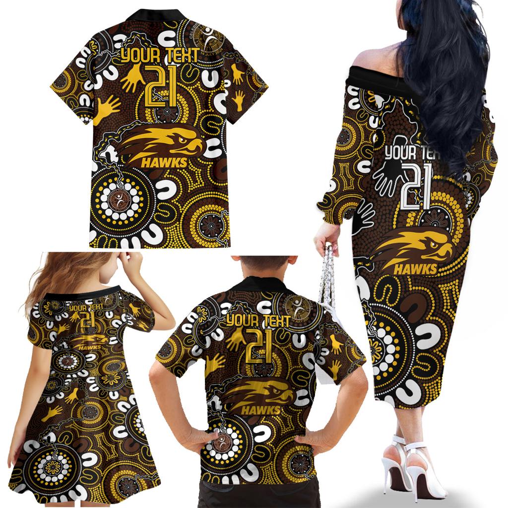 Custom Hawthorn NAIDOC Week 2024 Family Matching Off The Shoulder Long Sleeve Dress and Hawaiian Shirt Fire Burning Aboriginal Dots Art