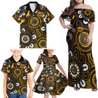 Custom Hawthorn NAIDOC Week 2024 Family Matching Off Shoulder Maxi Dress and Hawaiian Shirt Fire Burning Aboriginal Dots Art