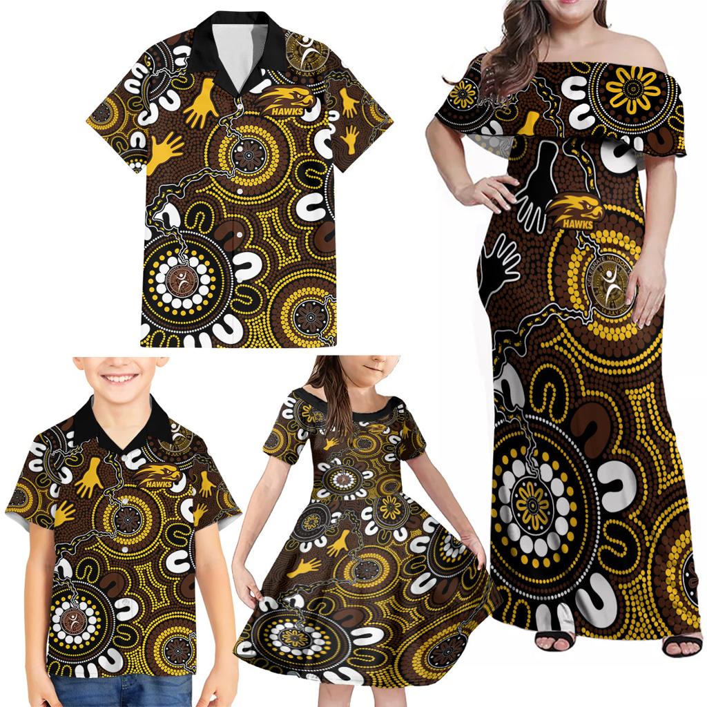 Custom Hawthorn NAIDOC Week 2024 Family Matching Off Shoulder Maxi Dress and Hawaiian Shirt Fire Burning Aboriginal Dots Art