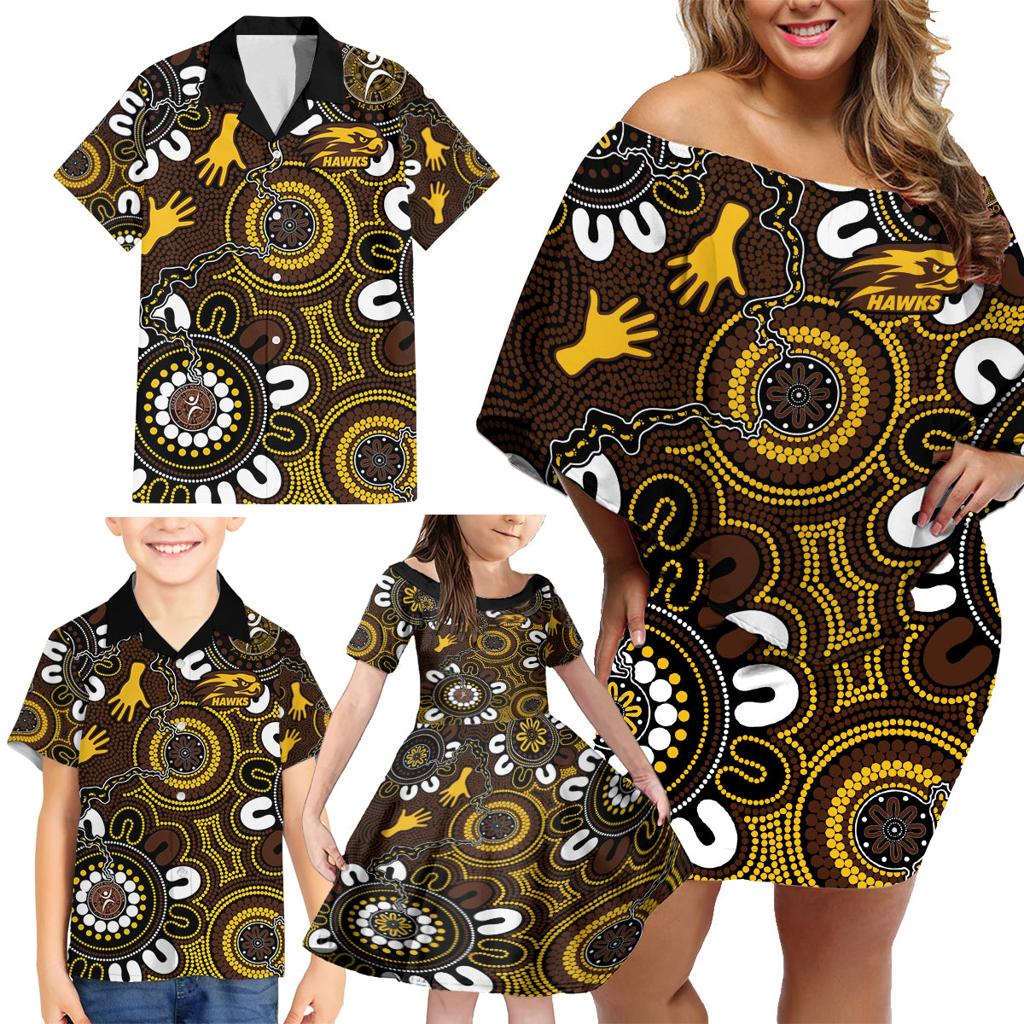 Custom Hawthorn NAIDOC Week 2024 Family Matching Off Shoulder Short Dress and Hawaiian Shirt Fire Burning Aboriginal Dots Art