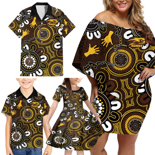 Custom Hawthorn NAIDOC Week 2024 Family Matching Off Shoulder Short Dress and Hawaiian Shirt Fire Burning Aboriginal Dots Art