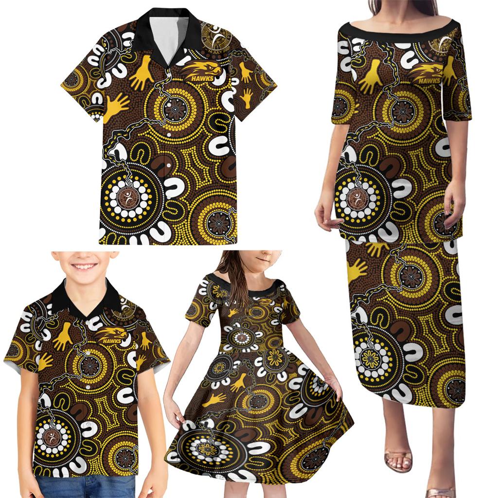 Custom Hawthorn NAIDOC Week 2024 Family Matching Puletasi and Hawaiian Shirt Fire Burning Aboriginal Dots Art