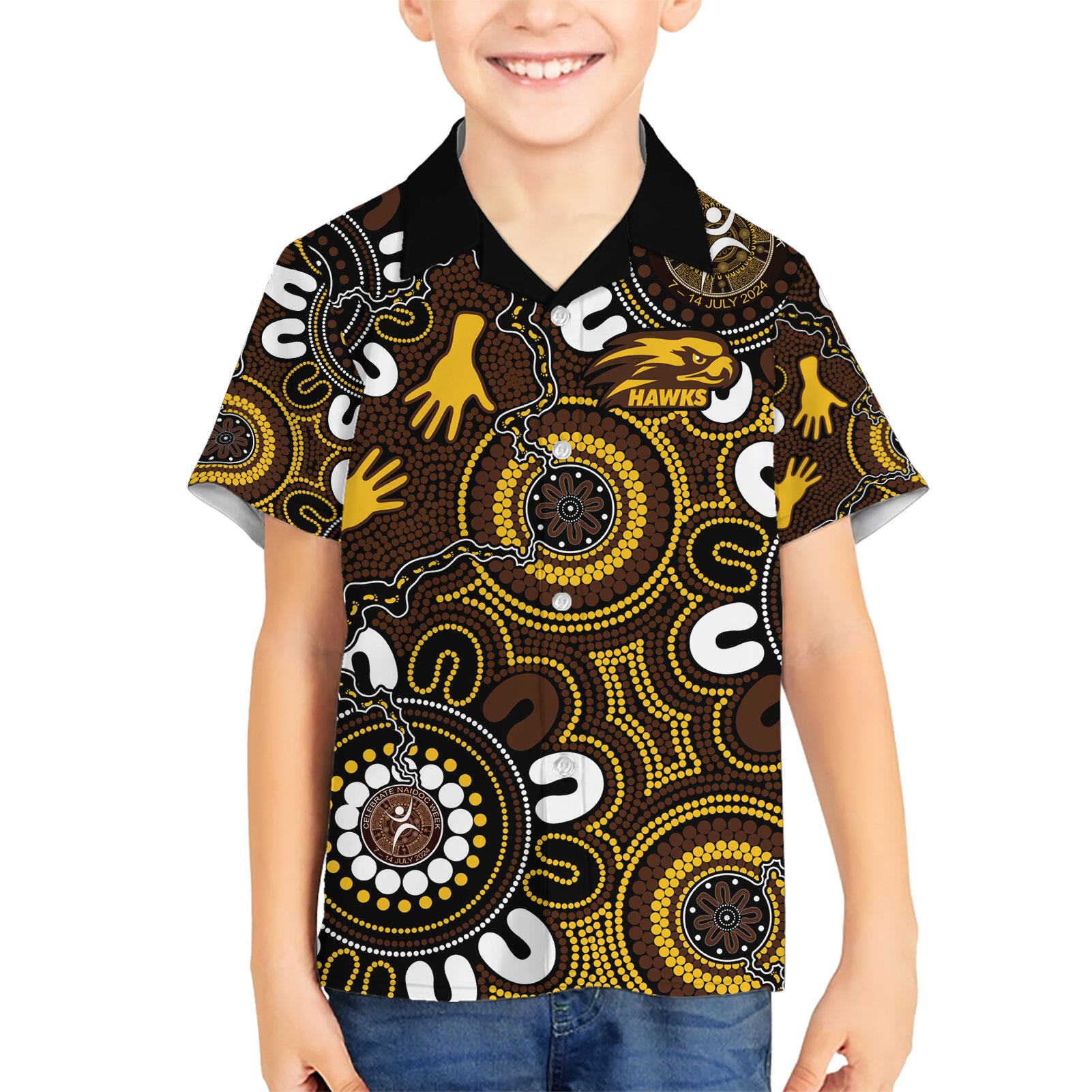 Custom Hawthorn NAIDOC Week 2024 Kid Hawaiian Shirt Fire Burning Aboriginal Dots Art