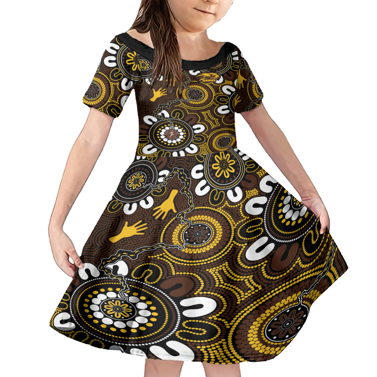 Custom Hawthorn NAIDOC Week 2024 Kid Short Sleeve Dress Fire Burning Aboriginal Dots Art
