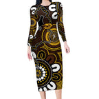 Custom Hawthorn NAIDOC Week 2024 Long Sleeve Bodycon Dress Fire Burning Aboriginal Dots Art