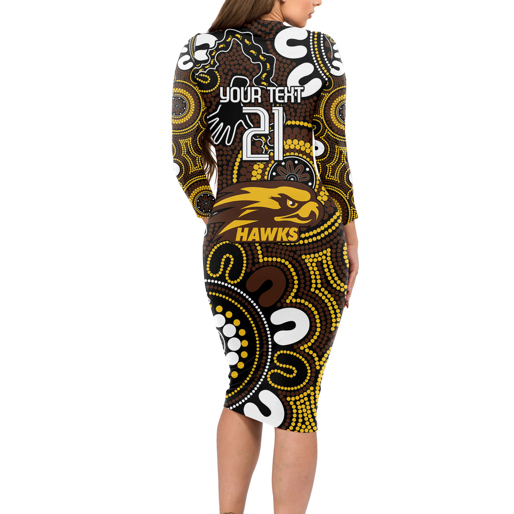 Custom Hawthorn NAIDOC Week 2024 Long Sleeve Bodycon Dress Fire Burning Aboriginal Dots Art