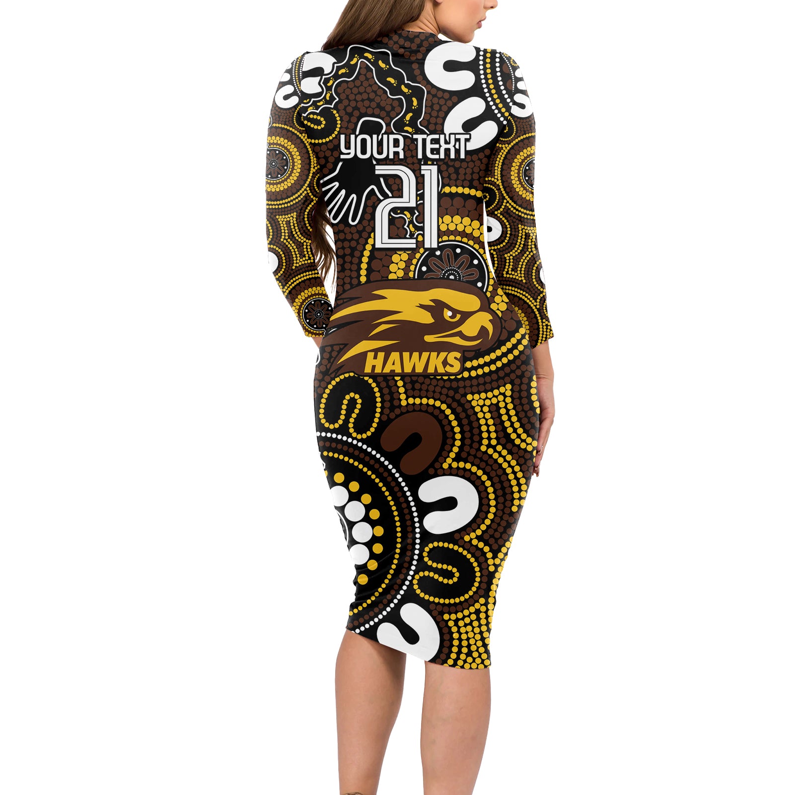 Custom Hawthorn NAIDOC Week 2024 Long Sleeve Bodycon Dress Fire Burning Aboriginal Dots Art