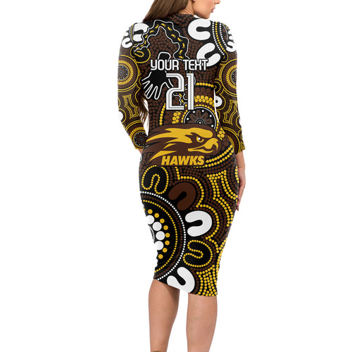 Custom Hawthorn NAIDOC Week 2024 Long Sleeve Bodycon Dress Fire Burning Aboriginal Dots Art