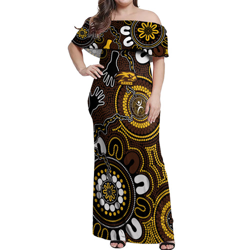 Custom Hawthorn NAIDOC Week 2024 Off Shoulder Maxi Dress Fire Burning Aboriginal Dots Art